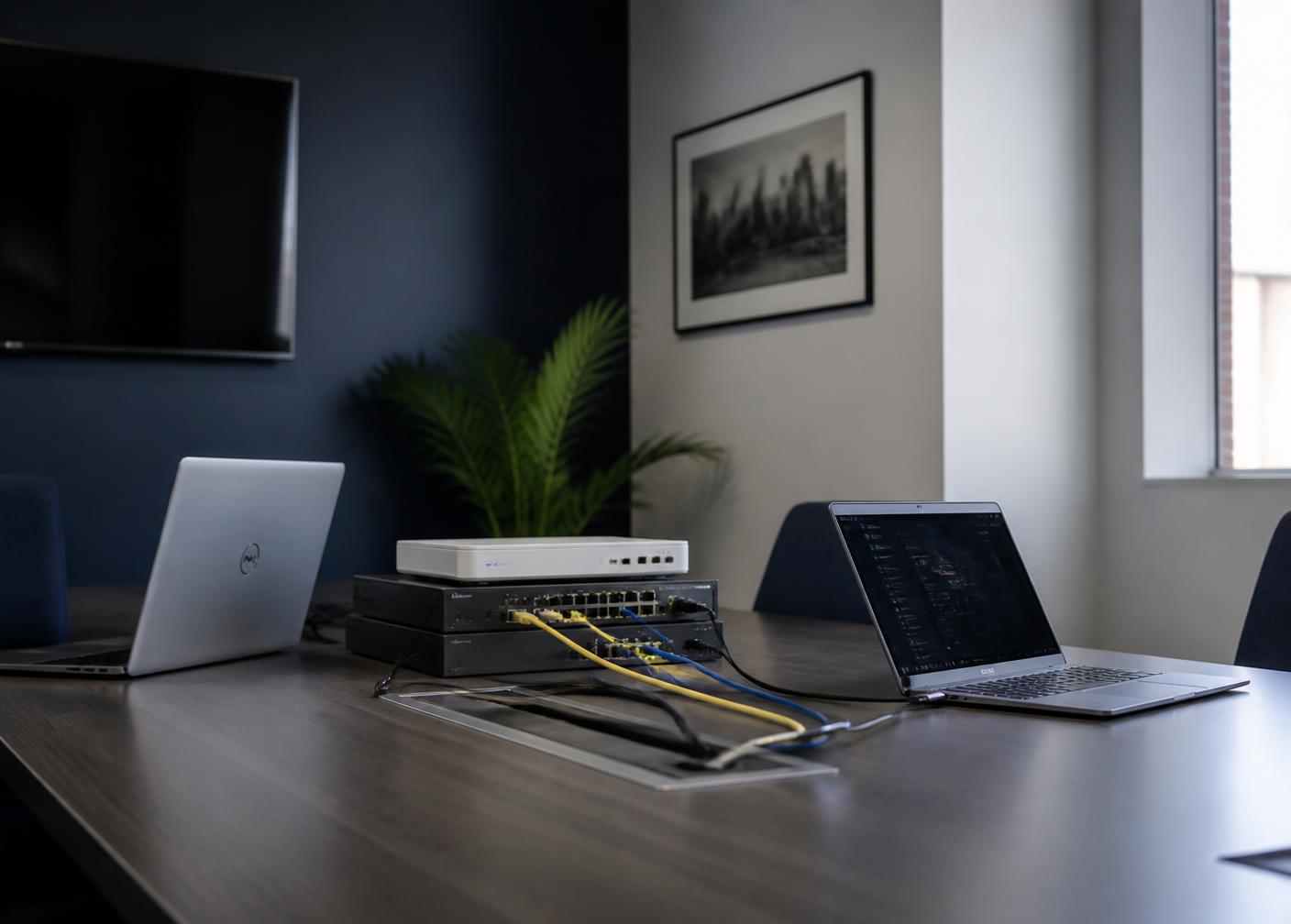 Laptops and network hardware set up on a table in a modern office meeting room