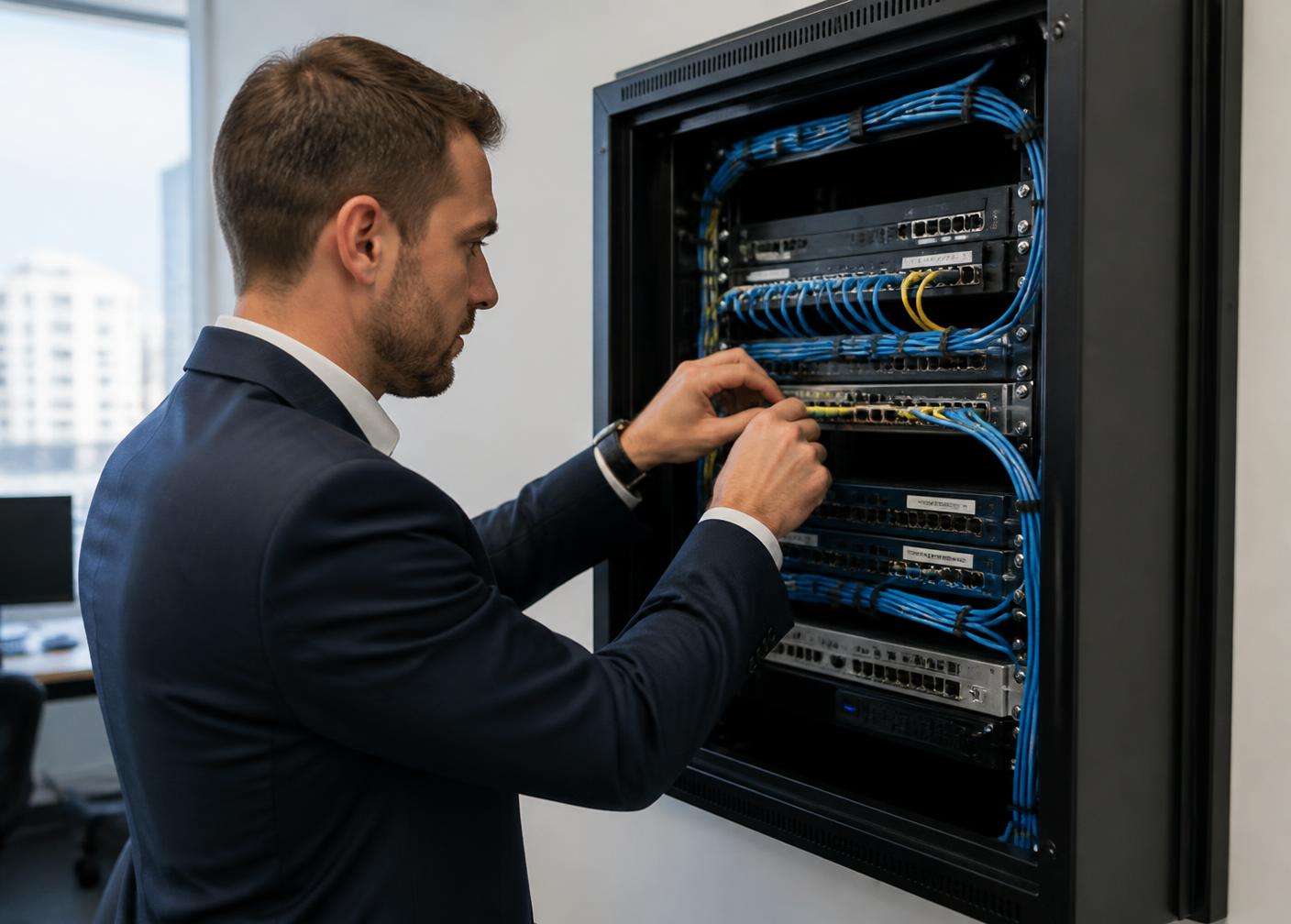IT engineer configuring network switches in an office comms cabinet