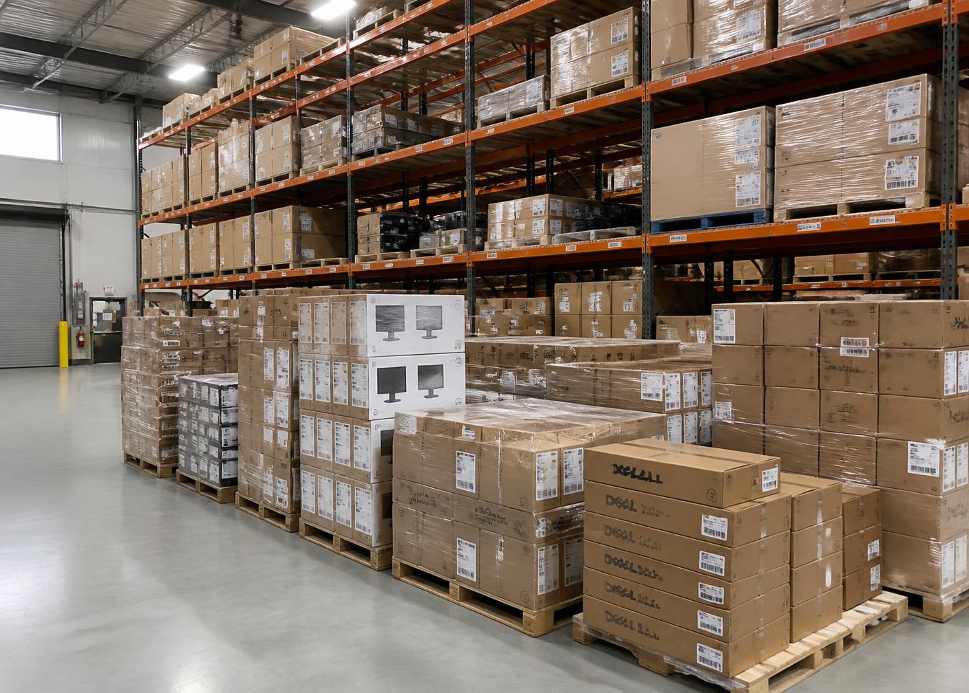 Boxed IT equipment stacked on pallets in a logistics warehouse